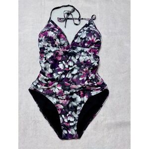 Floral One-Piece Swimsuit Size Large Ruched Slimming‎ Halter Purple Flower Print
